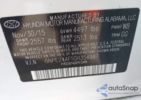 2016 Hyundai Sonata Se из США, поврежденный, VIN 5NPE24AF1GH354987